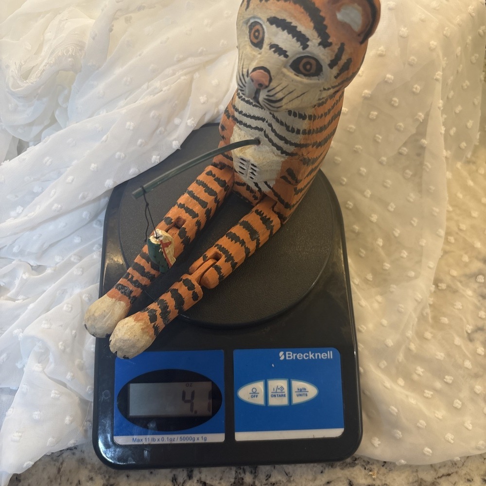 Vtg Folk Art Hand Painted/Carved Tiger Cat Fish Shelf Sitter‎ Articulated Joints - Picture 14 of 15